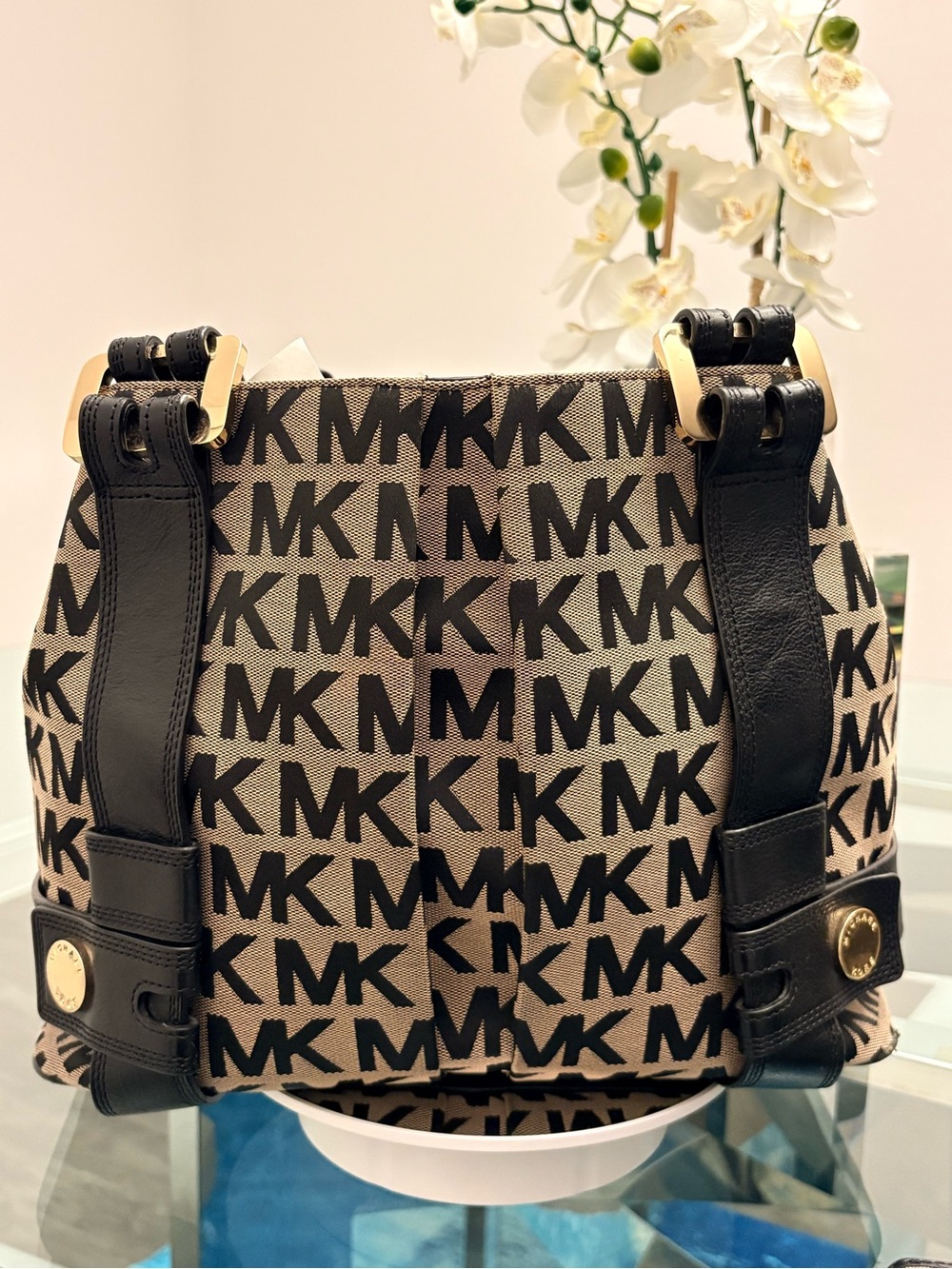 Michael Kors Black & Brown MK Logo Shoulder Bag & Matching Wallet - Picture 5 of 17